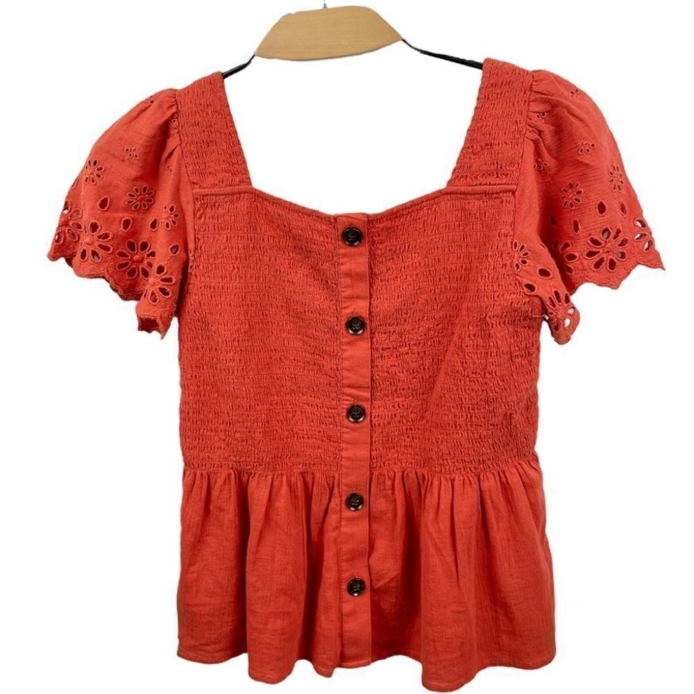 * NEW Madewell Eyelet-Sleeve Lucie Orange Smocked Peplum Top Size XS - Picture 3 of 5